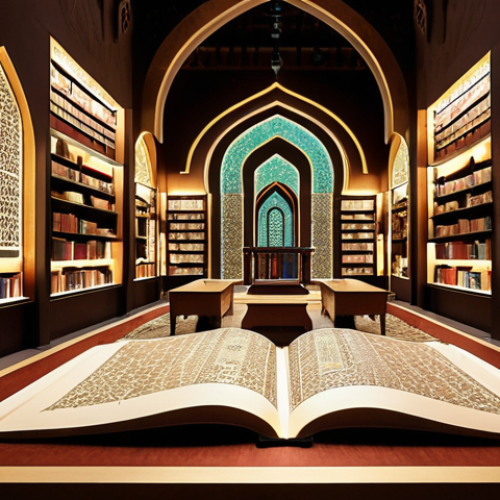 Home 11 **Prompt:** A vibrant, modern Arabic library filled with holographic projections of ancient texts, powered by AI. Arabic calligraphy dynamically shifts and reforms on digital displays, showcasing the fusion of tradition and technology. Focus on warm lighting and intricate geometric patterns.