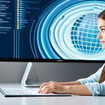 A professional individual, fully clothed in a modest business casual outfit, sits thoughtfully at a sleek desk in a modern, well-lit digital workspace. They are interacting with a luminous, transparent screen displaying a stream of highly personalized information, such as curated news feeds, product suggestions, and relevant video thumbnails, subtly forming a focused sphere around their immediate view. The background features blurred, abstract digital patterns, emphasizing their concentrated digital experience. Perfect anatomy, correct proportions, natural pose, well-formed hands, proper finger count, natural body proportions. Professional photography, high quality, soft studio lighting. Safe for work, appropriate content, fully clothed, professional, family-friendly.