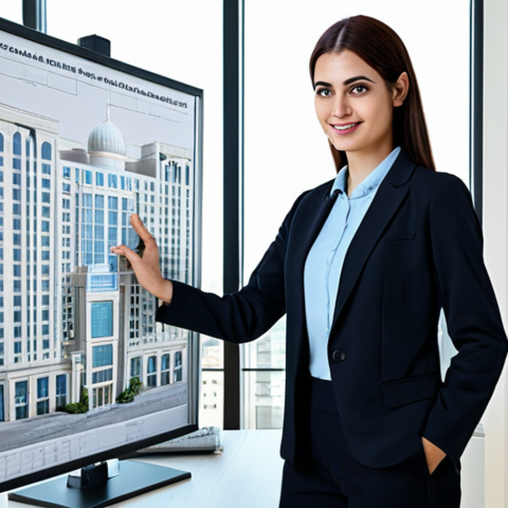 **
"A professional female architect, fully clothed in modest business attire, presenting architectural plans in a bright, modern office overlooking a bustling city with Arabic signage, safe for work, appropriate content, professional, perfect anatomy, correct proportions, natural pose, well-formed hands, proper finger count, natural body proportions, high quality."
**