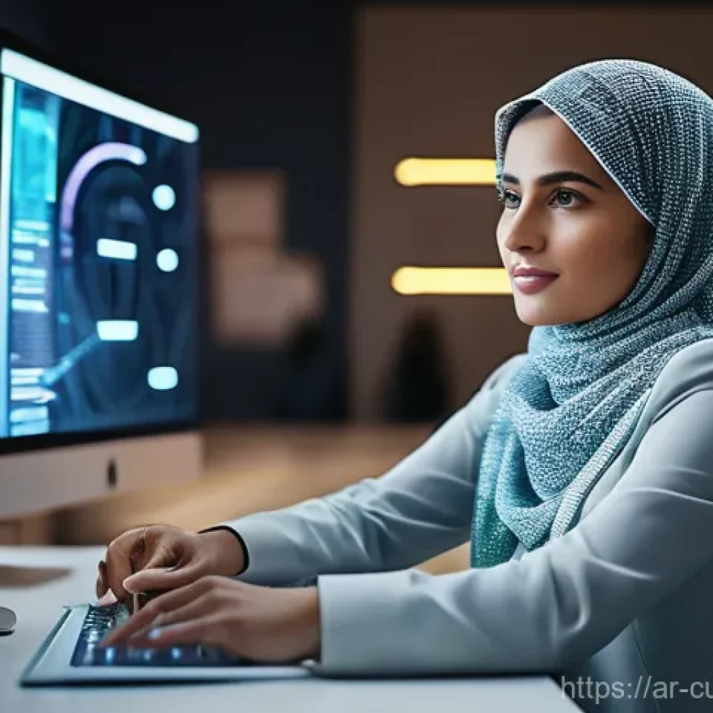 AI 큐레이션과 퍼스널 브랜딩 - **Prompt:** A dynamic, cinematic shot of a young, professional Arab woman (mid-20s to early 30s) in ...