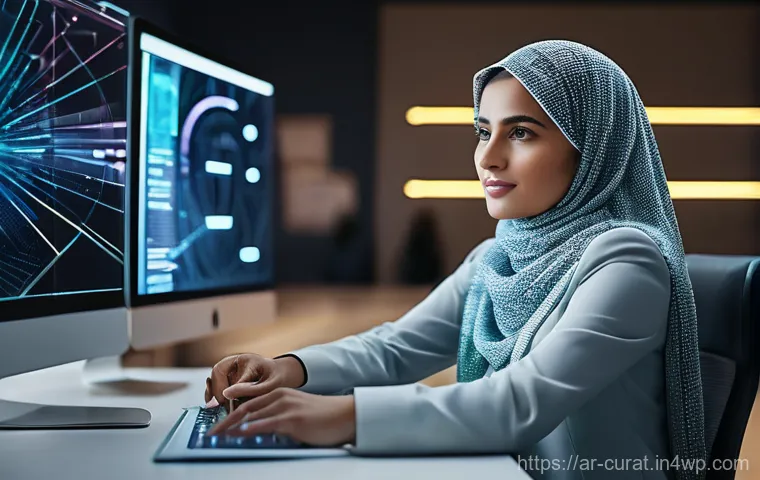 AI 큐레이션과 퍼스널 브랜딩 - **Prompt:** A dynamic, cinematic shot of a young, professional Arab woman (mid-20s to early 30s) in ...