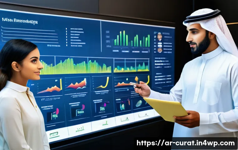 AI 큐레이션의 트렌드 변화 반영 전략 - A modern digital marketing office scene in a Middle Eastern setting, featuring diverse Arab professi...