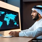 Home 18 AI 큐레이션의 장단점 분석 - A modern digital workspace featuring an Arab man in his early 30s interacting with an AI-powered con...