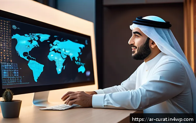 AI 큐레이션의 장단점 분석 - A modern digital workspace featuring an Arab man in his early 30s interacting with an AI-powered con...