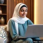 Home 23 AI 큐레이션의 혁신적인 접근 방법 - A modern Middle Eastern online shopping scene showing a young Arab woman using a laptop at a cozy ho...
