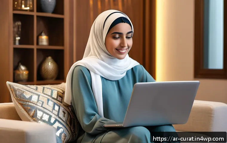 AI 큐레이션의 혁신적인 접근 방법 - A modern Middle Eastern online shopping scene showing a young Arab woman using a laptop at a cozy ho...