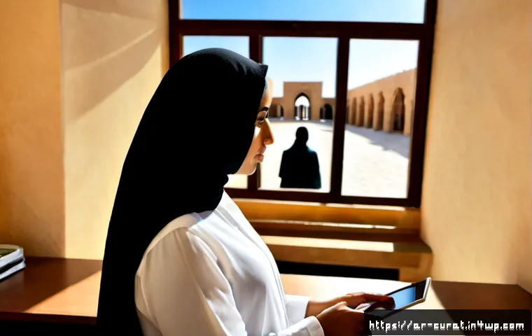 Home 17 AI 큐레이션의 윤리적 쟁점 - Photorealistic editorial scene of a modestly dressed Arab woman in a modern Gulf home office reviewi...